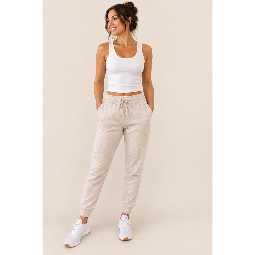 Rae Dunn Womens Oatmeal Heather Joggers High Rise Drawstring Sweatpants Large
